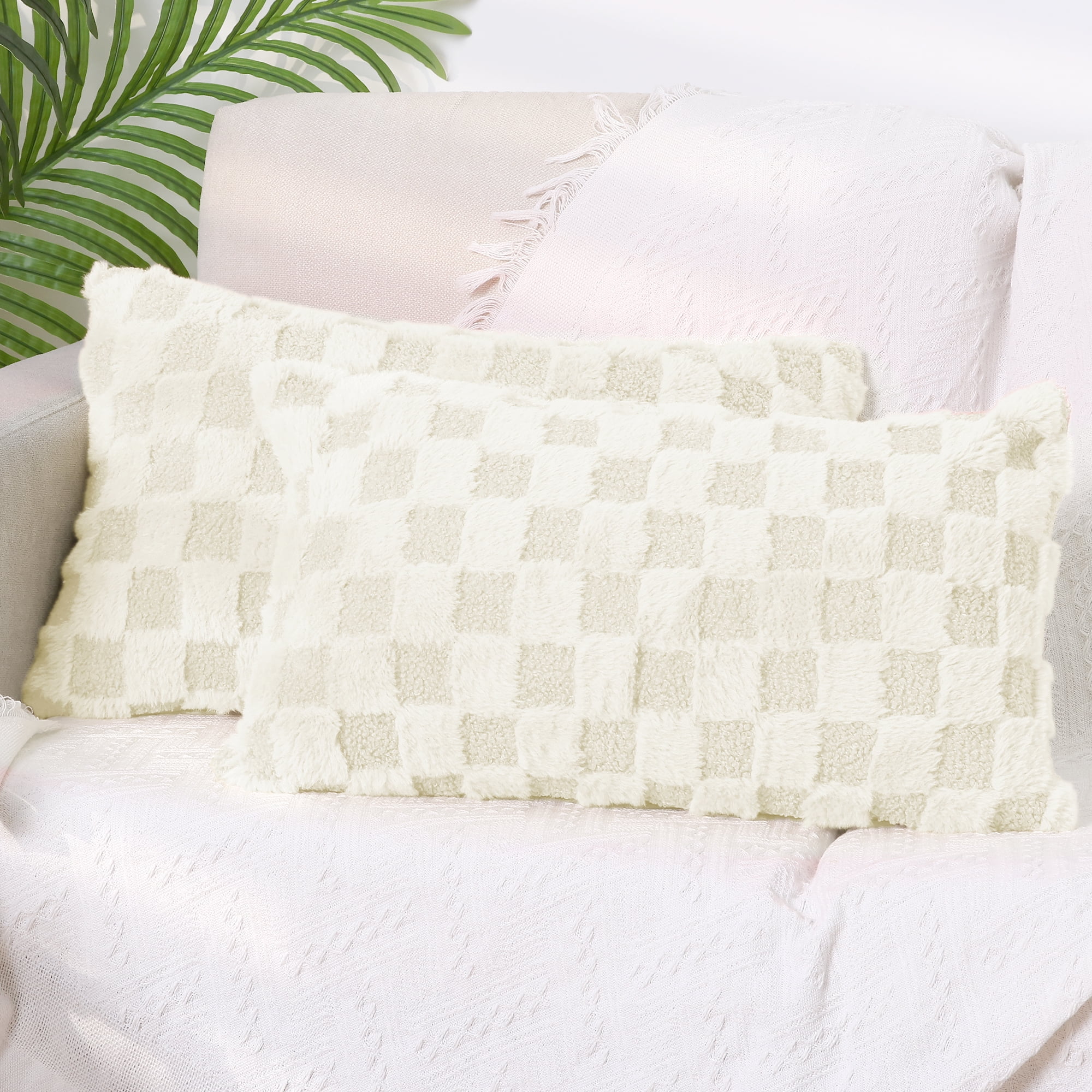 Unique Bargains Faux Fur Plaid Decorative Pillow Covers Square Pillowcase White 12" x 20"