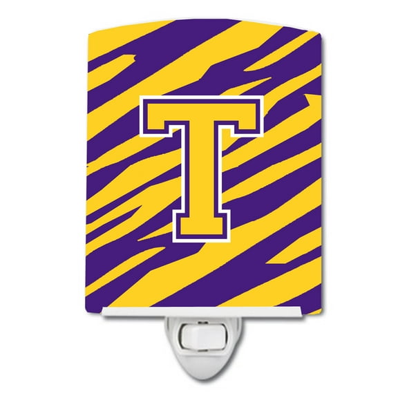 Letter T Monogram - Tiger Stripe - Purple Gold Ceramic Night Light