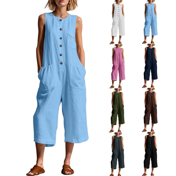 HBGVBA Women Summer Casual Jumpsuits,Solid Color Round Neck Sleeveless Breasted Cargo Jumpsuit with 3/4 Length Pant