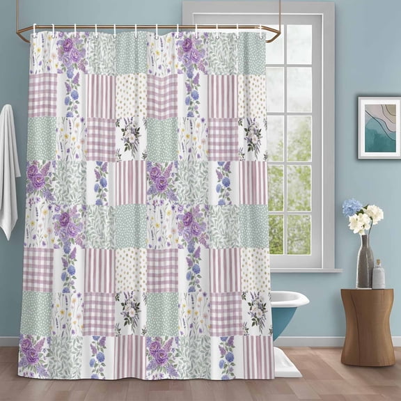 Patchwork Shower Curtain with Hooks, Rustic Purple Roses Gingham Plaid Stripe Ditsy Dots Water Repellent Shower Curtains for Bathroom Decor Sturdy Shower Curtain, Machine Washable 36x78 Inch