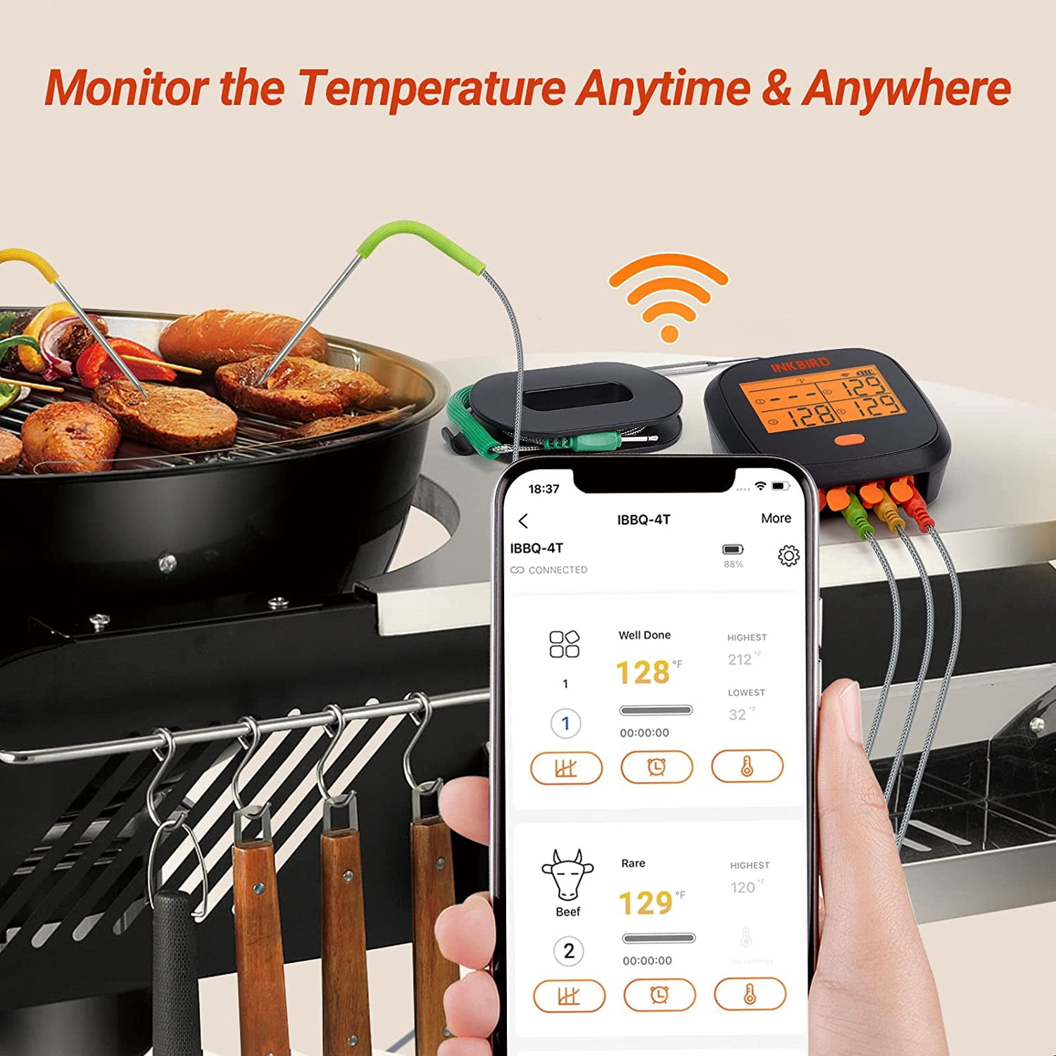 Inkbird Wi-Fi Rechargeable CD Display Timer Alarm BBQ Meat Thermometer with 4 Probes