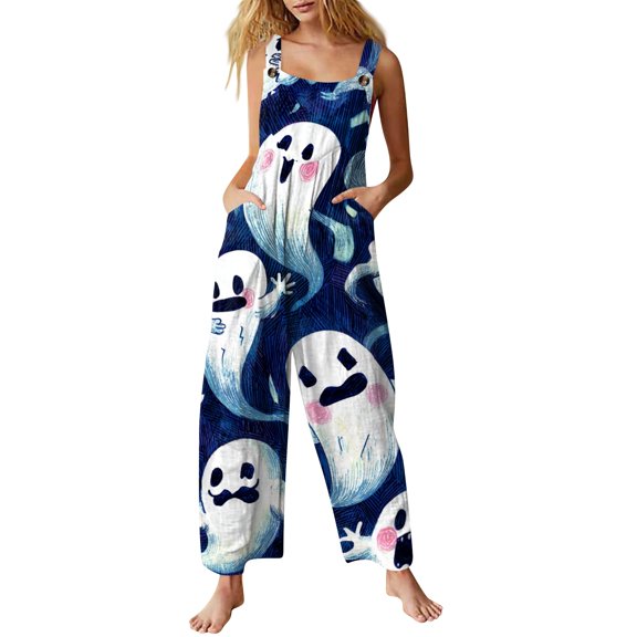 IYYVV Halloween Overalls Women Casual Loose Wide Leg Jumpsuits Summer Pumpkin Ghost Printed Baggy Rompers with Pockets Purple 3XL