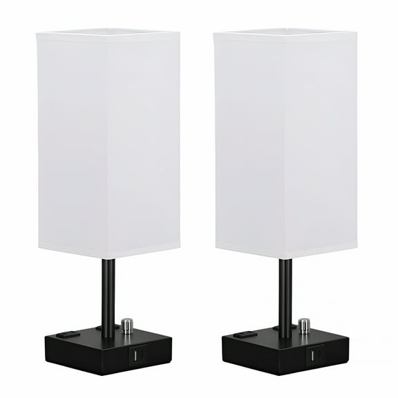 LAMIRO Fully Dimmable Nightstand Lamps Set of 2 - Table Bedside Lamp with Usb C a Charging Ports & 2 Ac Outlets, Square Lamp Sets Linen Fabric Shade for Bedroom Living Room (Bulb Included)