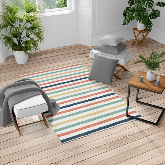 Striped Turkish Area Rug, Geometric Colorful Tone Brush Style Lines Grunge Retro Digital Print, Soft Carpet for Living Room Decor with Distressed Look, 5.2' X 7.6', Coral Apricot, by Ambesonne