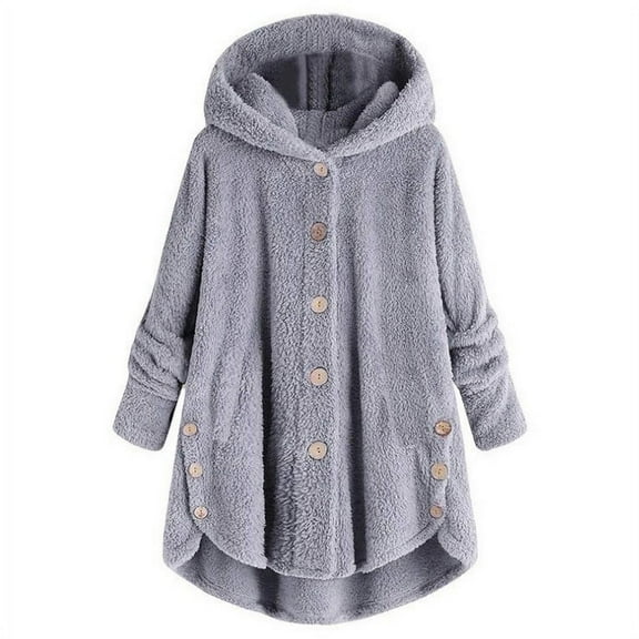 asdoklhq Clearance Womens Tops,Women Plus Size Button Plush Tops Hooded Loose Cardigan Wool Coat Winter Jacket