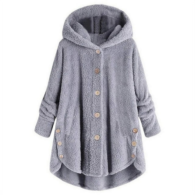 Womens Winter Coats, Women Plus Size Button Plush Tops Hooded Loose Cardigan Wool Coat Winter Jacket