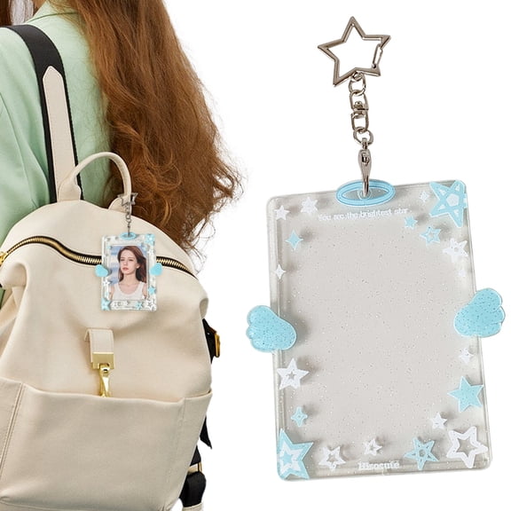 Horplkj Star Wing-Shaped Photocard Holder Keychain - Acrylic Badge Holder with Protective Sleeves, Clear Photo Display, Portable for ID, Credit, Bus, and Student Cards