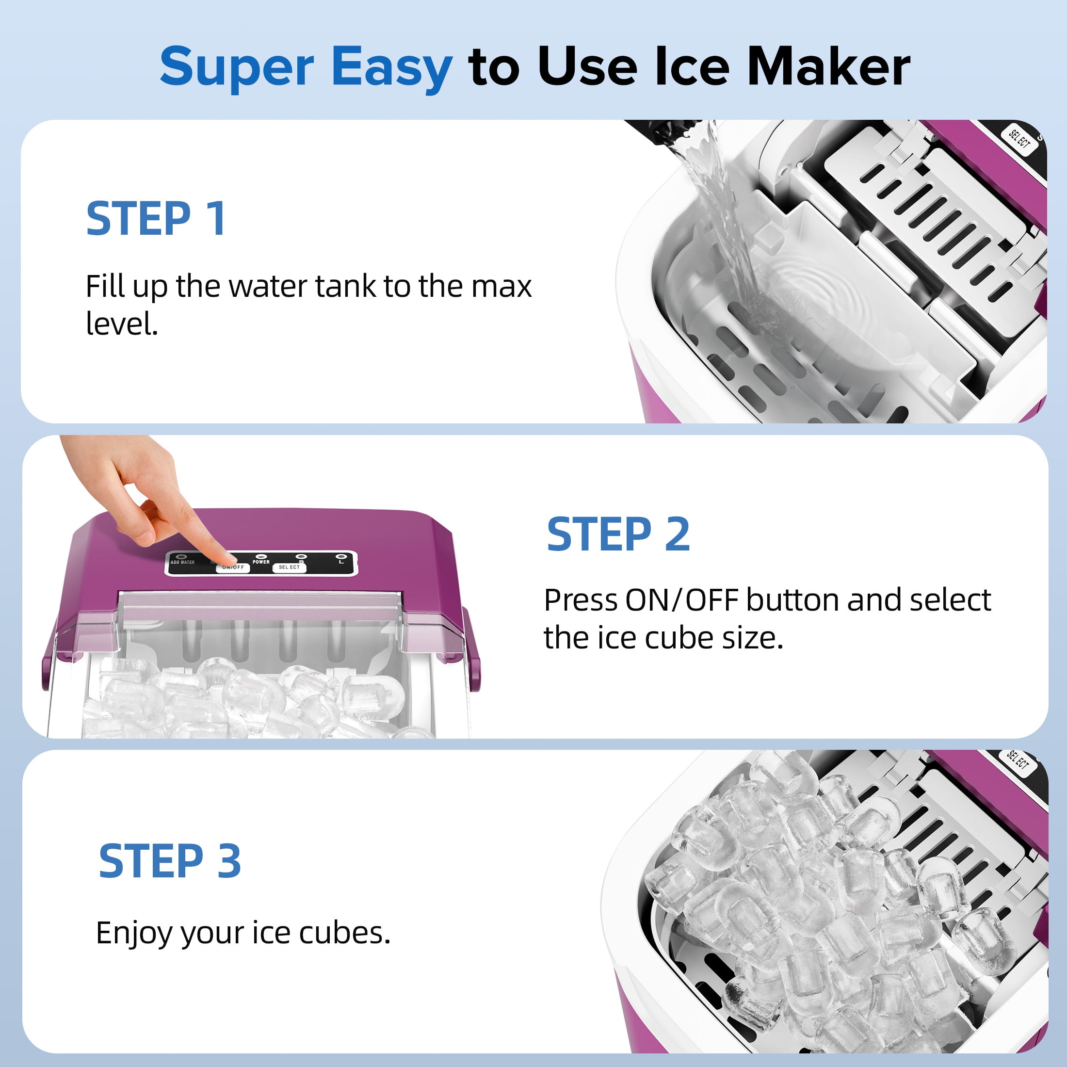 Auseo Countertop Ice Maker, 2 Sizes of Bullet Ice, 26Lbs/24H, 8 Ice Cubes in 6 Mins, Portable Ice Machine with Self-Cleaning for Home/Party/Travel/Camping (Light Purple)