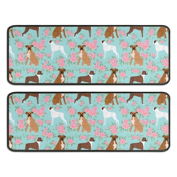 Kitchen Rugs Sets Of 2,Cute Boxer Dog and Flowers Florals Anti Fatigue Kitchen Mat Rugs Non Slip Washable,Decorative Kitchen Floor Mats for Kitchen,Sink,Laundry,17"x47" 17"x47"