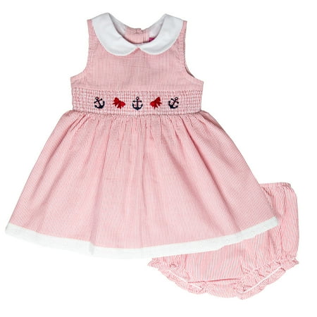 - Good Lad Newborn/Infant Girls Red or Blue Seersucker Nautical Smocked Dress w/ Matching Seersucker Panty