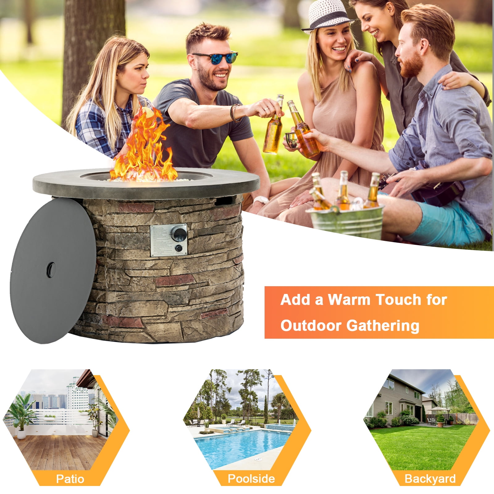 36'' Propane Gas Fire Pit Table, 50000 BTU Round Concrete Fire Pit for Outside Patio Deck Garden Backyard