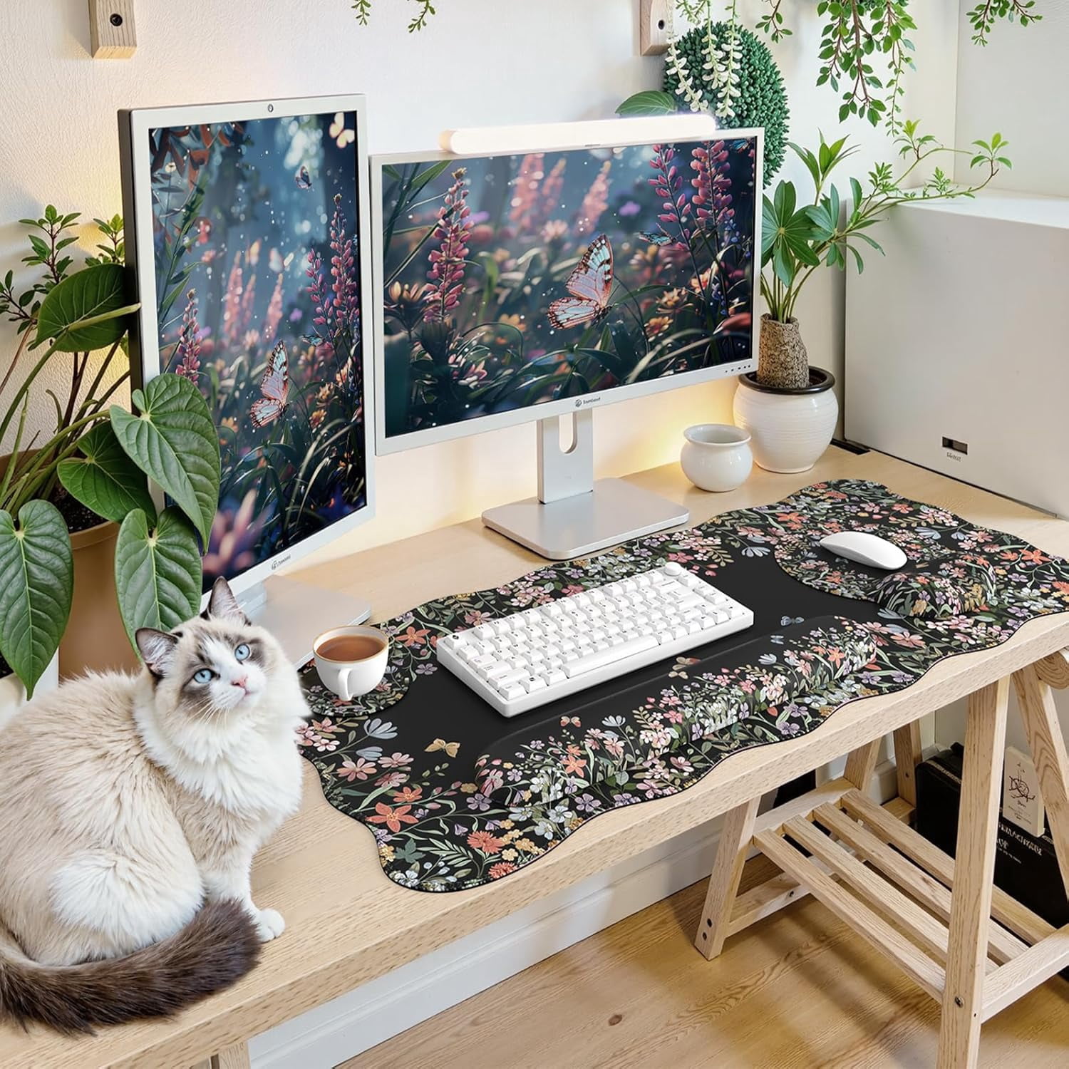 Desk Mat Set,Large Mouse Pad with Wrist Rest,Ergonomic Keyboard Wrist Support for Women,Girly Floral Computer Mat with Scalloped Edges,Non-Slip Desk Pad Home Office Gaming (Black)