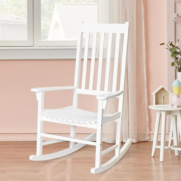 Giantex Wooden Rocking Chair Slatted High Back Wood Rocker White
