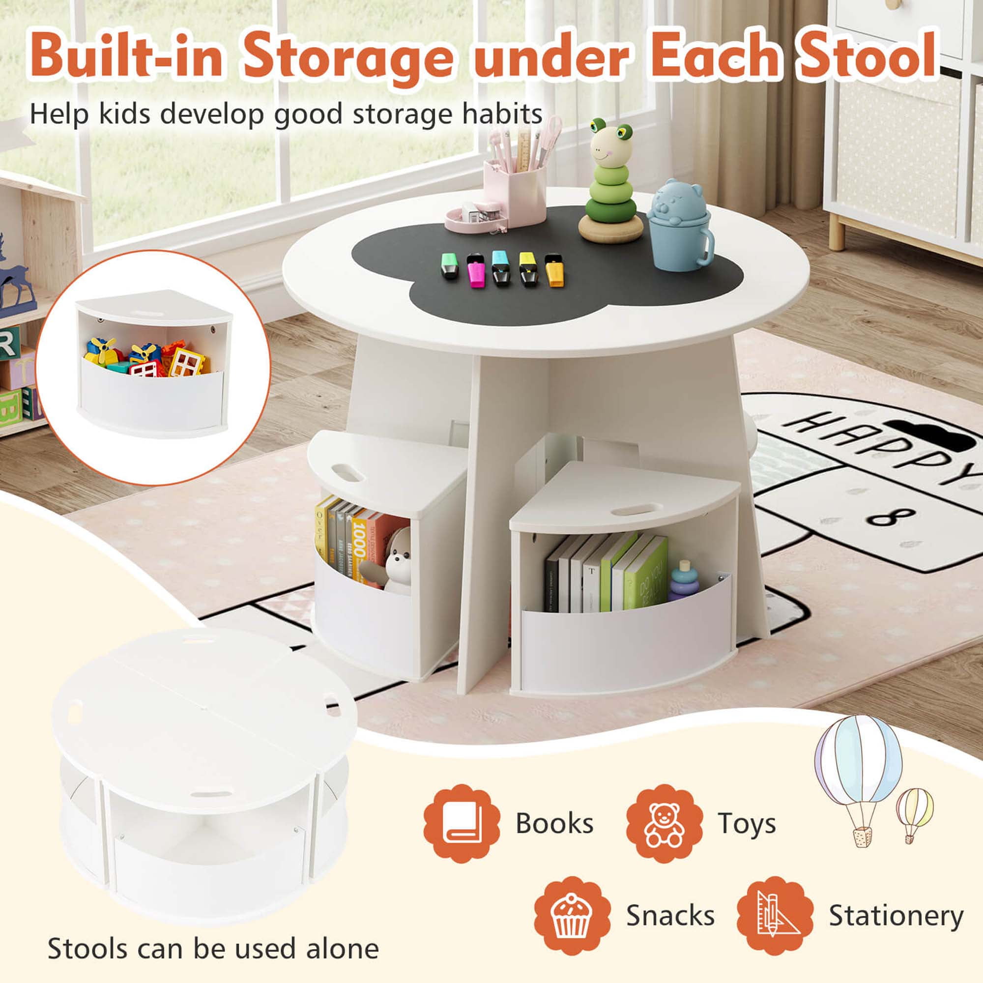 Costway 5 PCS Kids Table and Chair Set with Writable Blackboard Desktop Toddler Table