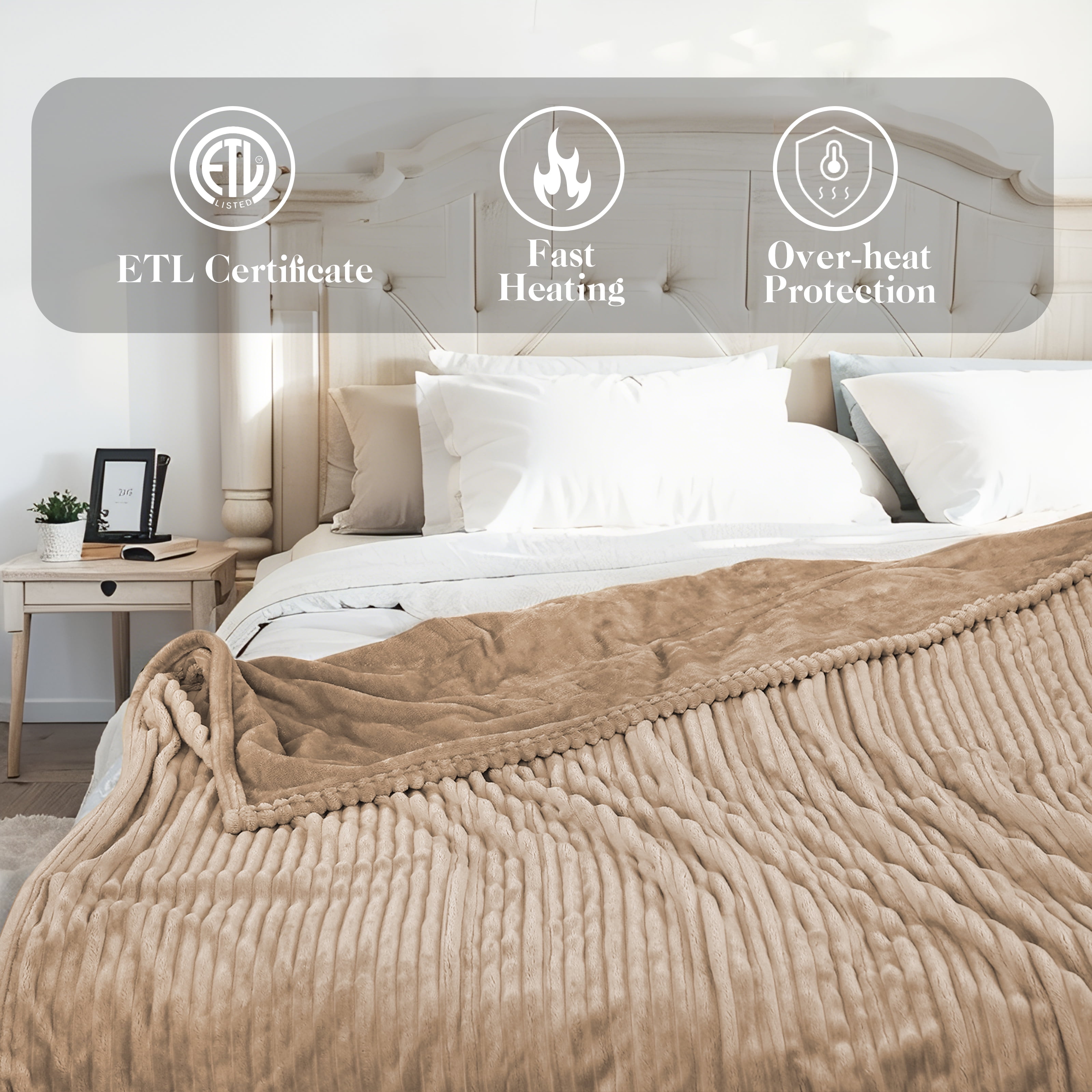 GONUES Heated Electric Blanket Queen Size 84"x90"-10 Heat Settings & 1-12 Hours Auto-off, Soft Warm Flannel Fast Heating Blanketfor Bed, Sofa&Office, Machine Washable- Camel