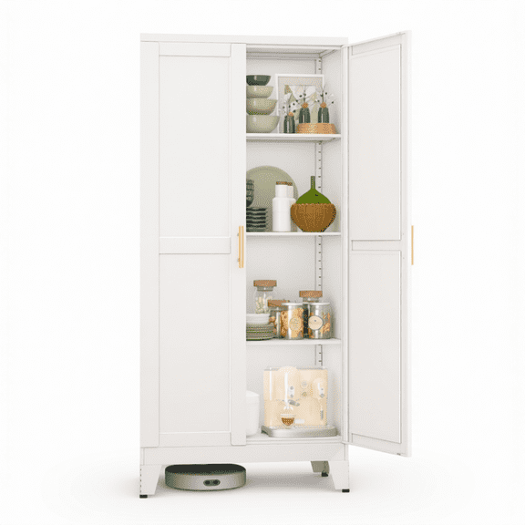 White Metal Pantry Cabinet with 2 Doors and 4 Adjustable Shelves, Tall Kitchen Storage Cabinet with Gold Handles for Kitchen, Utility Room, Laundry