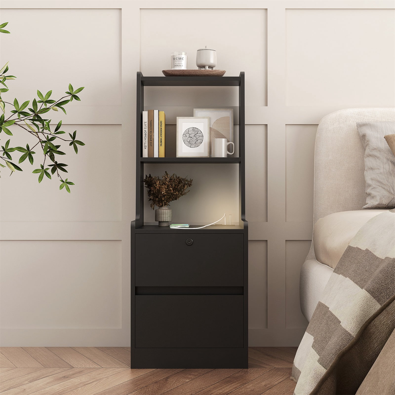 Hommoo Nihgthstand with 2 Drawers and Bookshelf, Modern Bedside Table with Night Light and Charging Station, Black