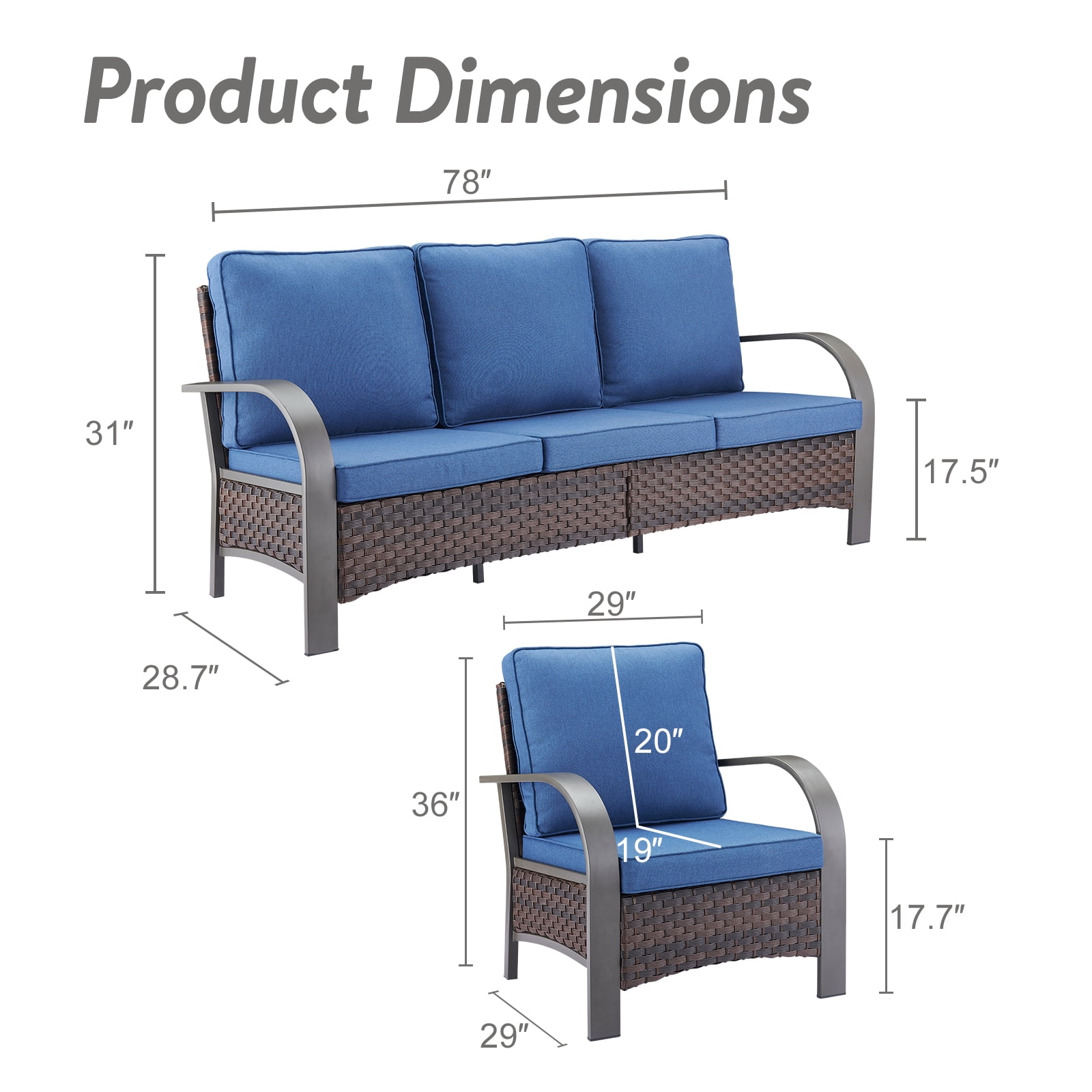 OPOHORO 3-Piece Outdoor Patio Furniture Set, Wicker Sofa and Lounge Chairs  for Deck or Porch