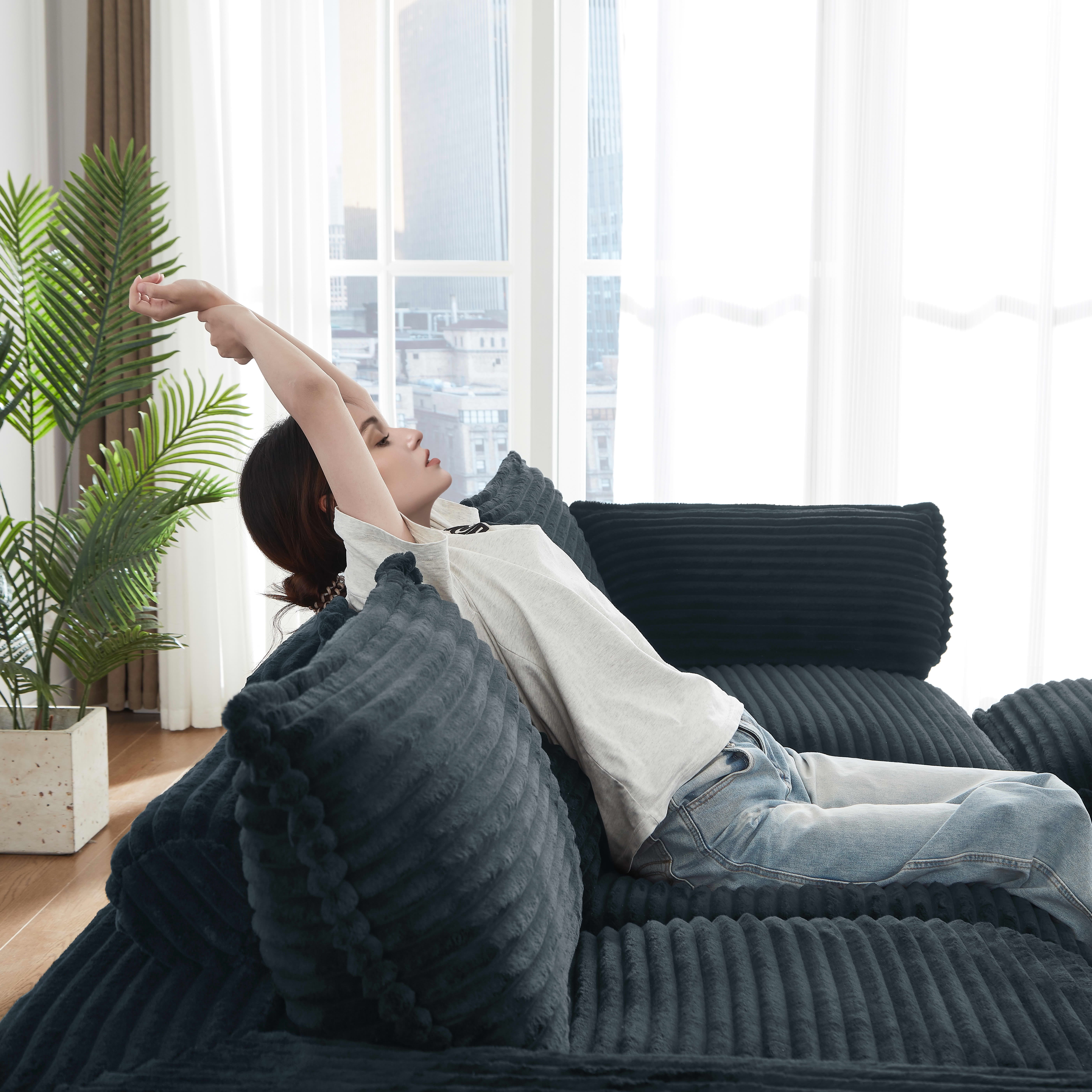 MAYEERTY Corduroy Oversized Sectional Sofa, Cloud Convertible L-Shape Couch with Ottoman for Apartment, Dark Gray