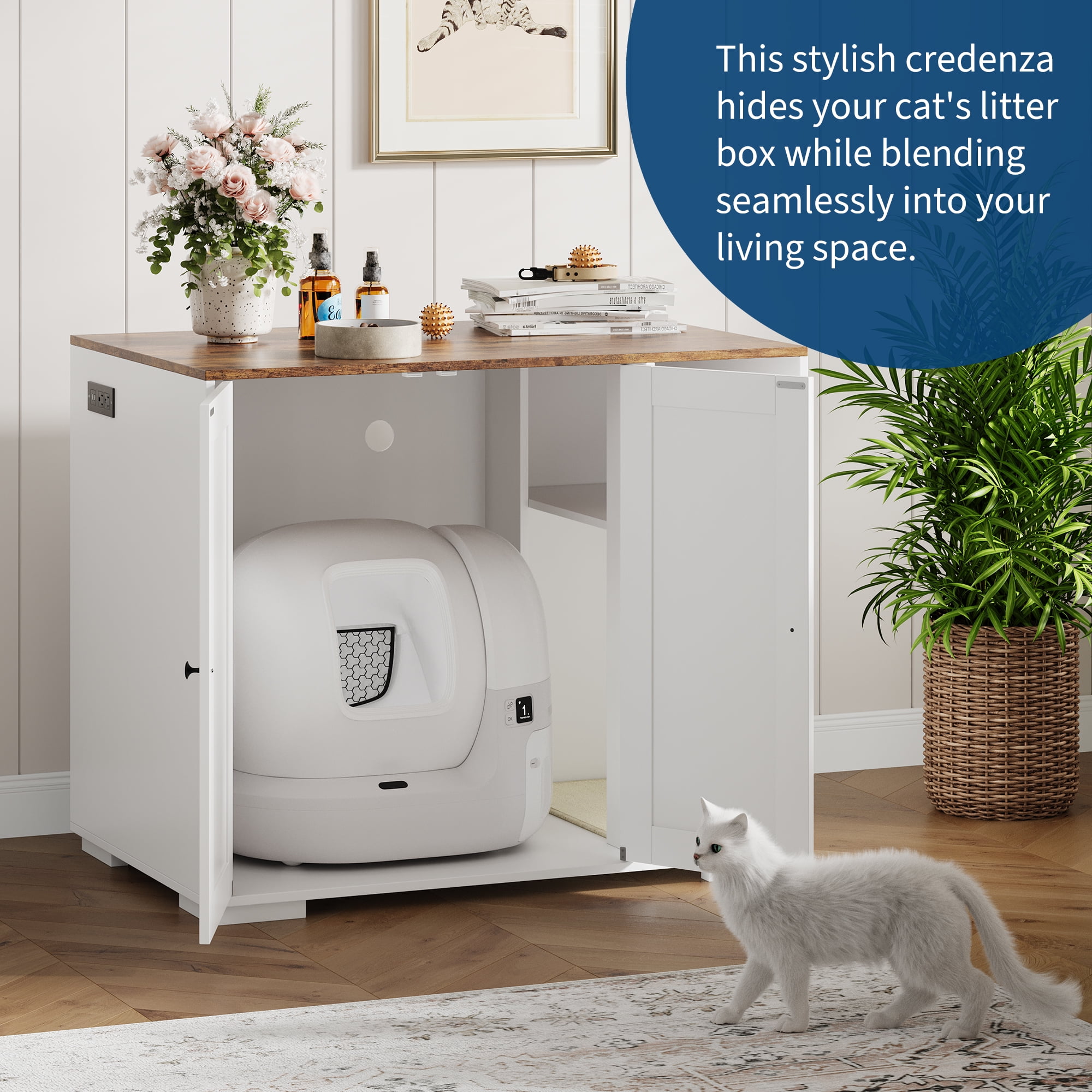 Cat Litter Enclosure for Litter Robot 3/4 with Power Outlet, Dog-Proof Shelf, and Litter Collector
