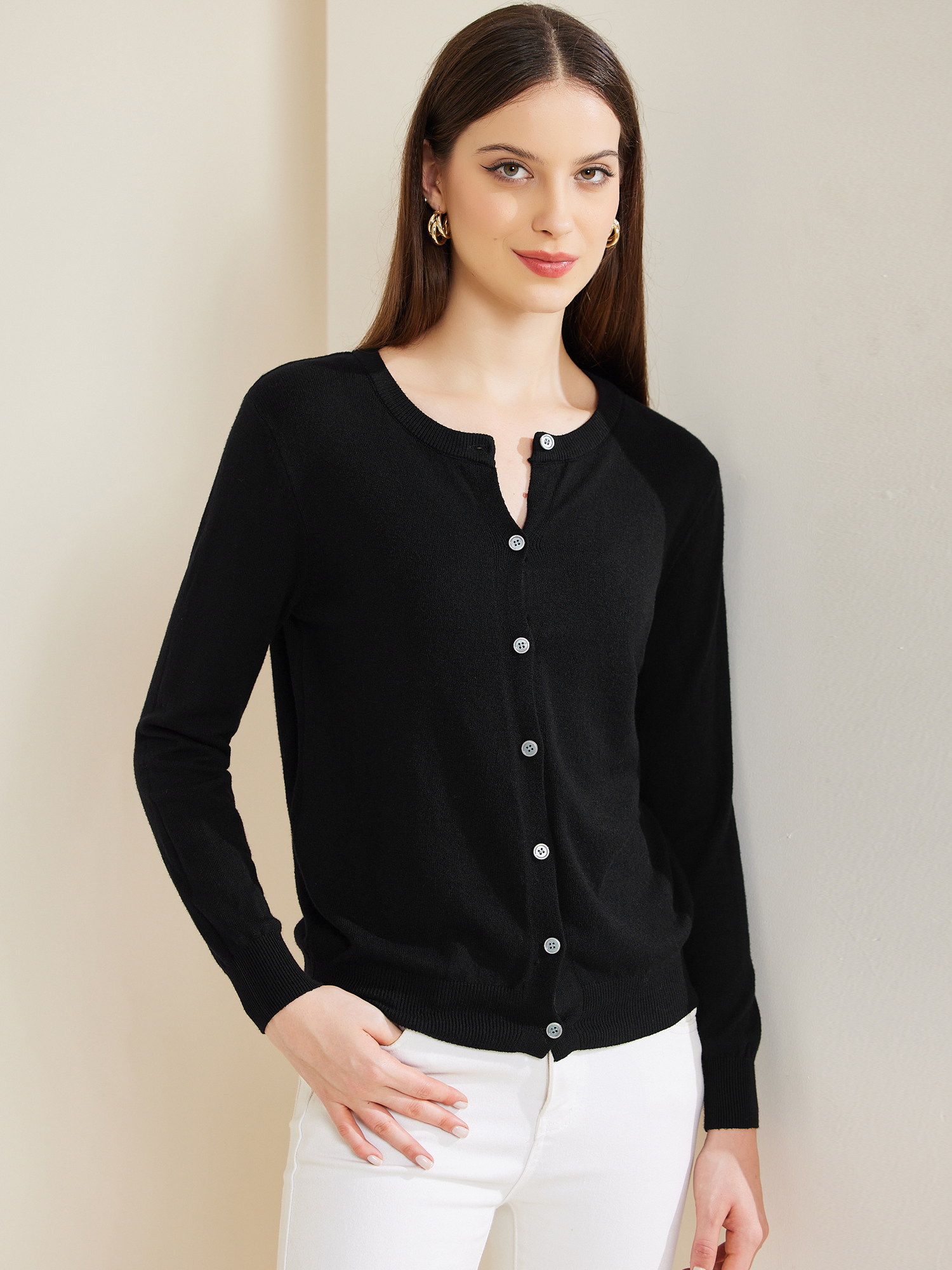 DARING DIVA Women's Lightweight Button Crew Neck Cardigan L Black
