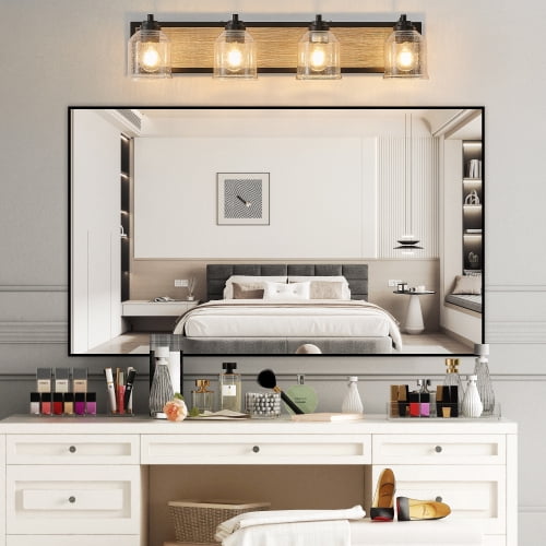 ACE-LIGHTS,4-Light Farmhouse Vanity Light Fixture,Bathroom Wall Sconce(Bulb Not Included) with Clear Seeded Glass Shades,Modern Industrial Design for Bathroom,Bedroom,Entrance,Passage(Black)