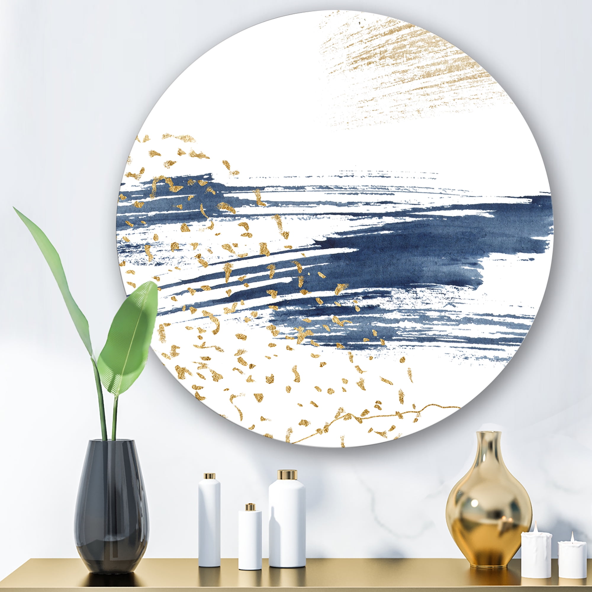 Designart 'Gold and Dark Blue and Abstract I' Modern Circle Metal Wall Art 23x23 - Disc of 23