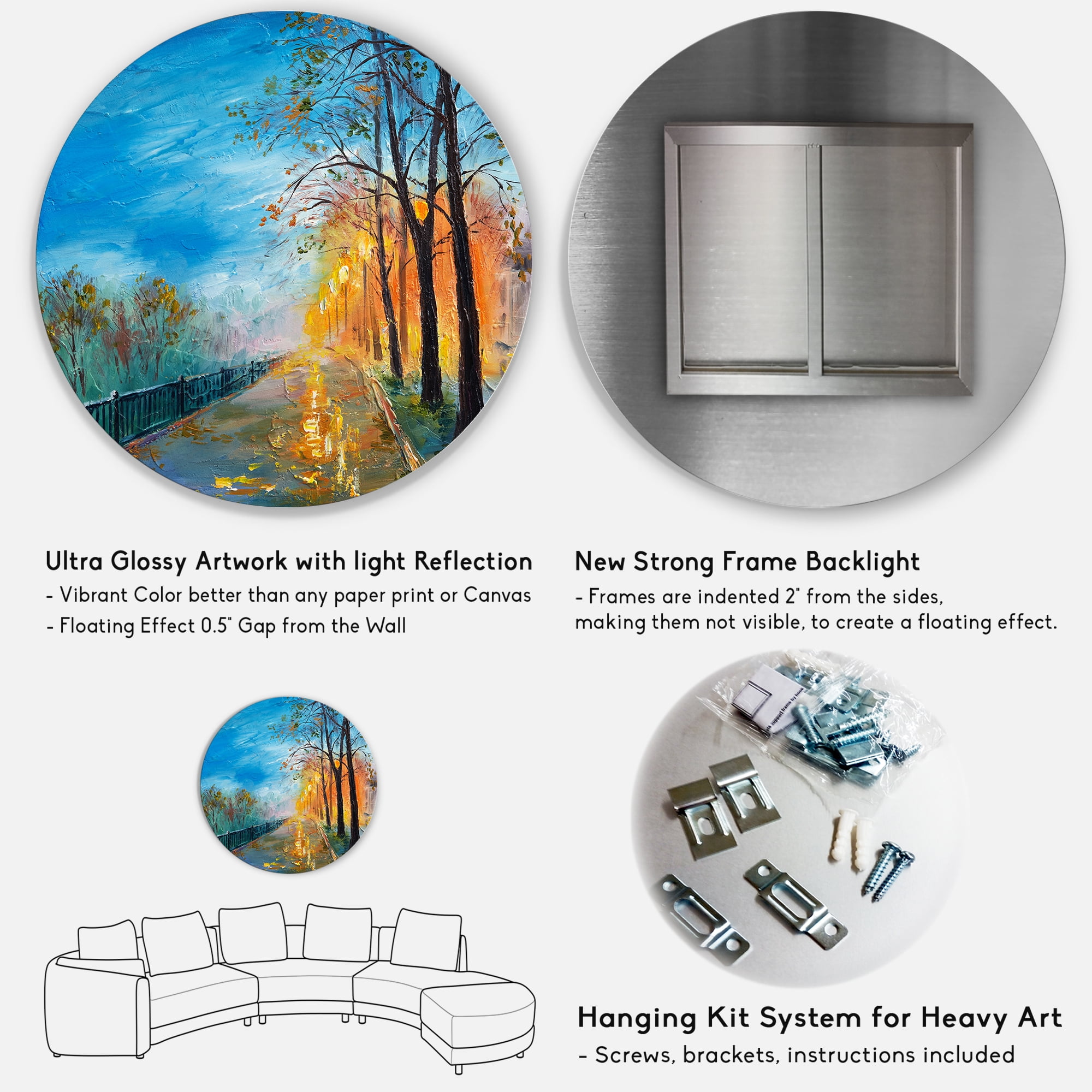 Designart 'Autumn Road in Evening' Traditional Circle Metal Wall Art 11x11 - Disc of 11