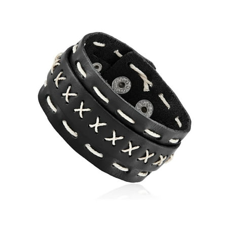 Accutron Black Bracelet - Men's Black Leather Double Layer Cuff Bracelet (26mm) - 8