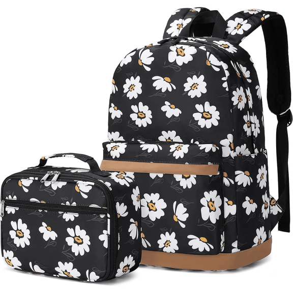 TEAMD 2-Piece Daisy Teen Backpack Set with Insulated Lunch Bag, Water-Repellent Lightweight Nylon School Bag