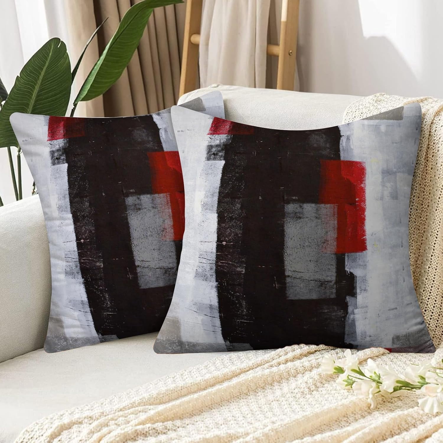 LALILO Red and Grey Abstract Art Pillow Cover,Decorative Throw Pillows Cushion Cover 18 x 18 2Pcs