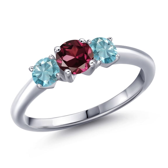 Gem Stone King 925 Sterling Silver Red Rhodolite Garnet and Blue Zircon Engagement Ring for Women | 1.60 Cttw | Round 5MM | Gemstone January Birthstone | Size 5
