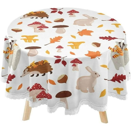 SKYSONIC Forest Animals Badgers Round Tablecloth 60inch Indoor Wrinkle Free, Hares Hedgehogs Circular Lace Table Cover Washable for Kitchen Party BBQ Dining Decor