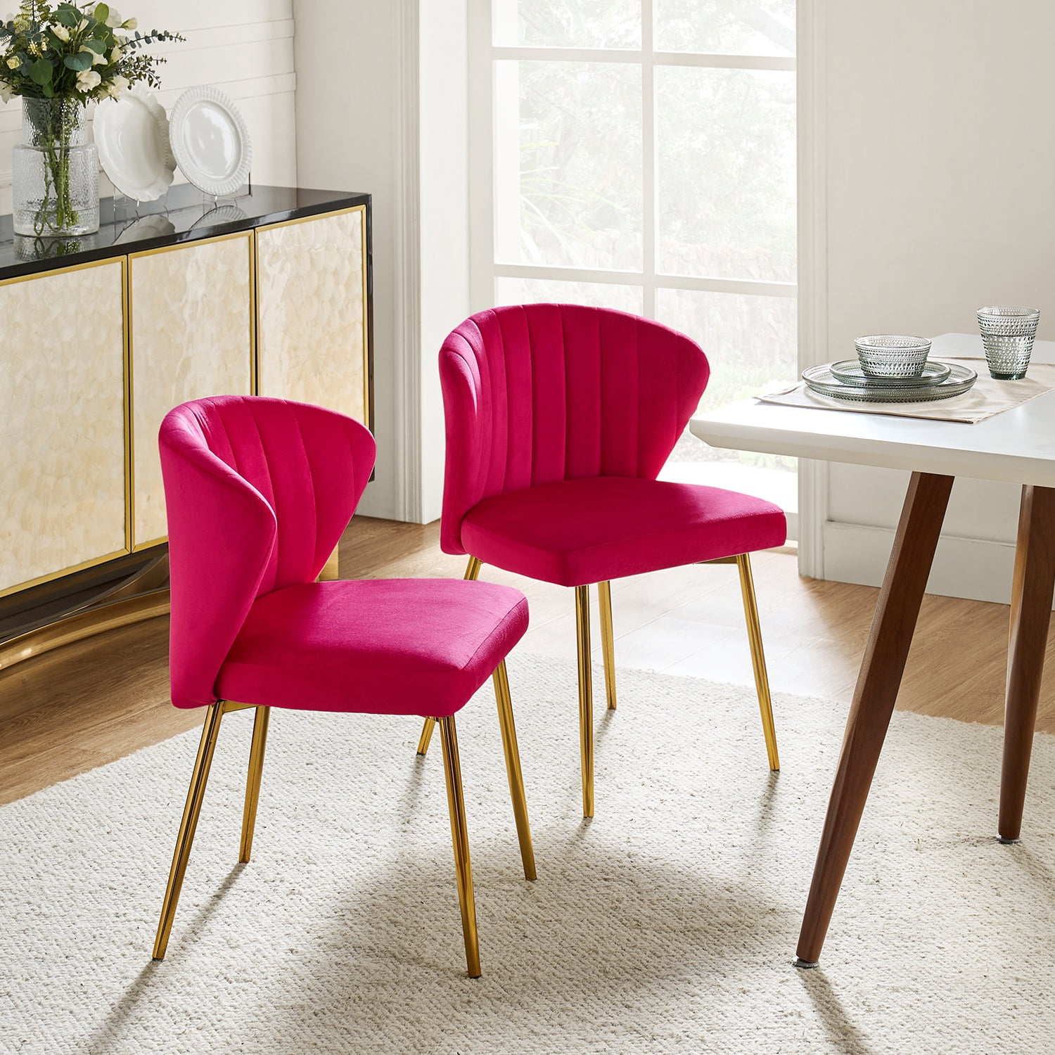 Tina's Home Velvet Dining Chairs Set of 2 Upholstered Wingback Side Chairs Living Room Kitchen Fushia