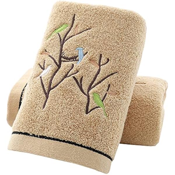 wonima01 Hand Towels Set of 2 Embroidered Bird Tree Pattern 100% Cotton Absorbent Soft Decorative Towel for Bathroom (Brown)