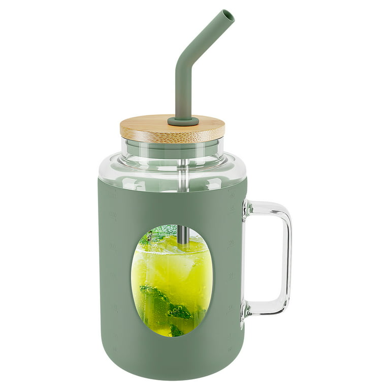 Glass cold drink with lid straw sealed jar juice milkshake drink handle  water cup