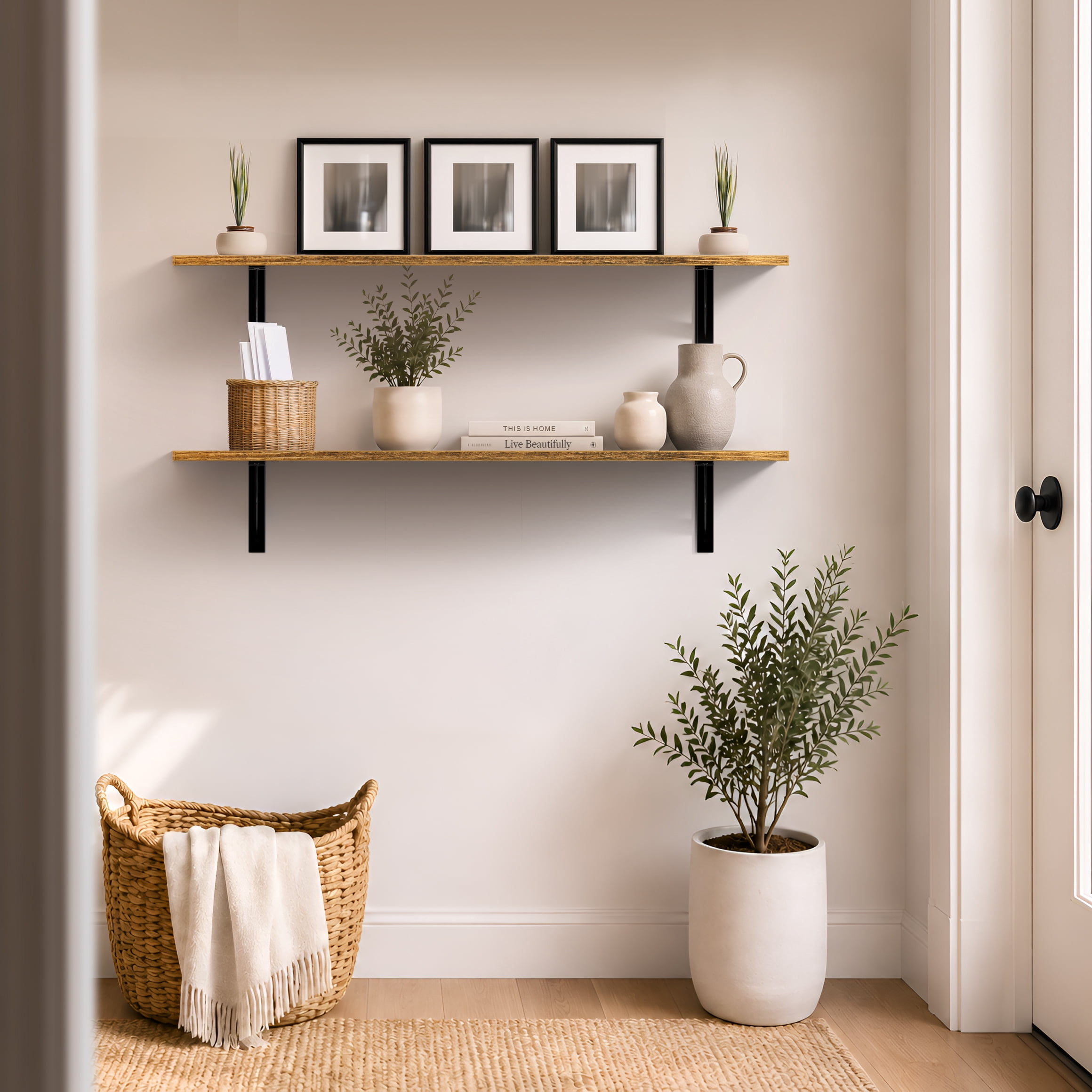 Sorbus 47.3 in Wood Wall Shelves with Black Metal Brackets, Brown, 2-Piece Set