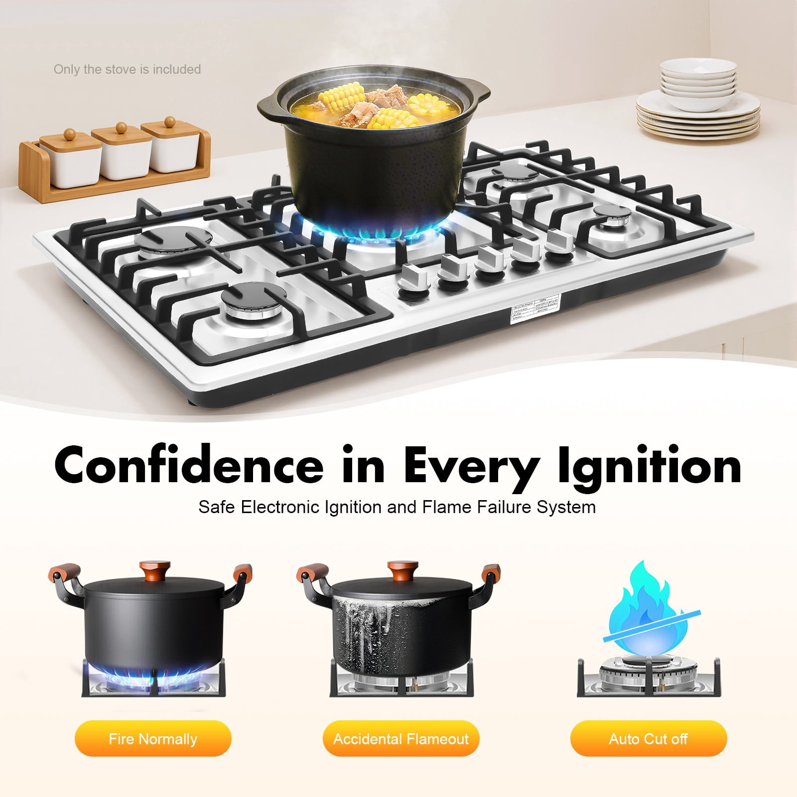 5 Burner Gas Hob, NG Built-in or Countertop Installation, Electronic Ignition, Stainless Steel Cooktop with Flame Failure Protection, Campervan Cooktops Cookers