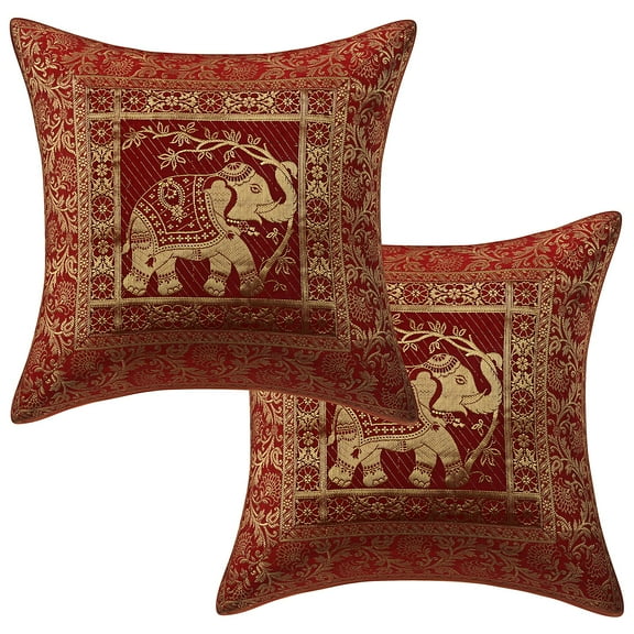 Stylo Culture Ethnic Settee Sofa Throw Pillow Covers 16x16 Floral Jacquard Maroon Square 40 x 40 cm Home Decor Brocade Elephant Zippered Cushion Covers | Set Of 2
