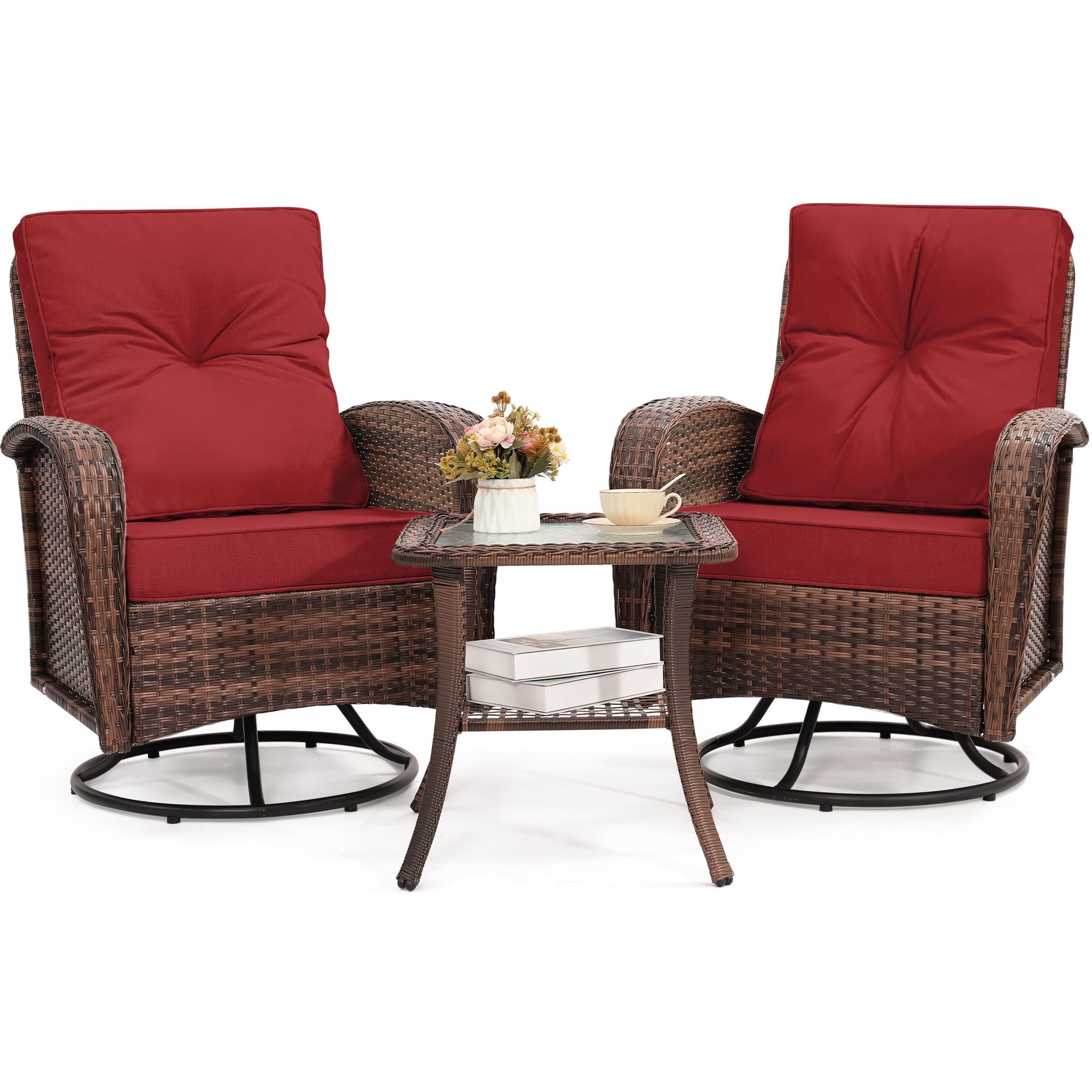 LOGYAT Outdoor Swivel Wicker Pulley Patio Chair with Washable Cushions, Two Chairs and a Tempered Glass Top Table, Ideal for Porches, Balconies, Decks, Brown Rattan， Red Cushion