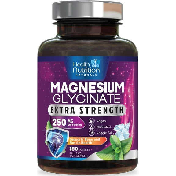 Magnesium Glycinate 250mg - 100% Chelated Magnesium for Max Absorption - Sleep Support, Muscle, Nerves, Bone & Heart Health Support, Best Mag Supplement, Vegan Non-GMO, 3rd Party Tested - 180 Tablets