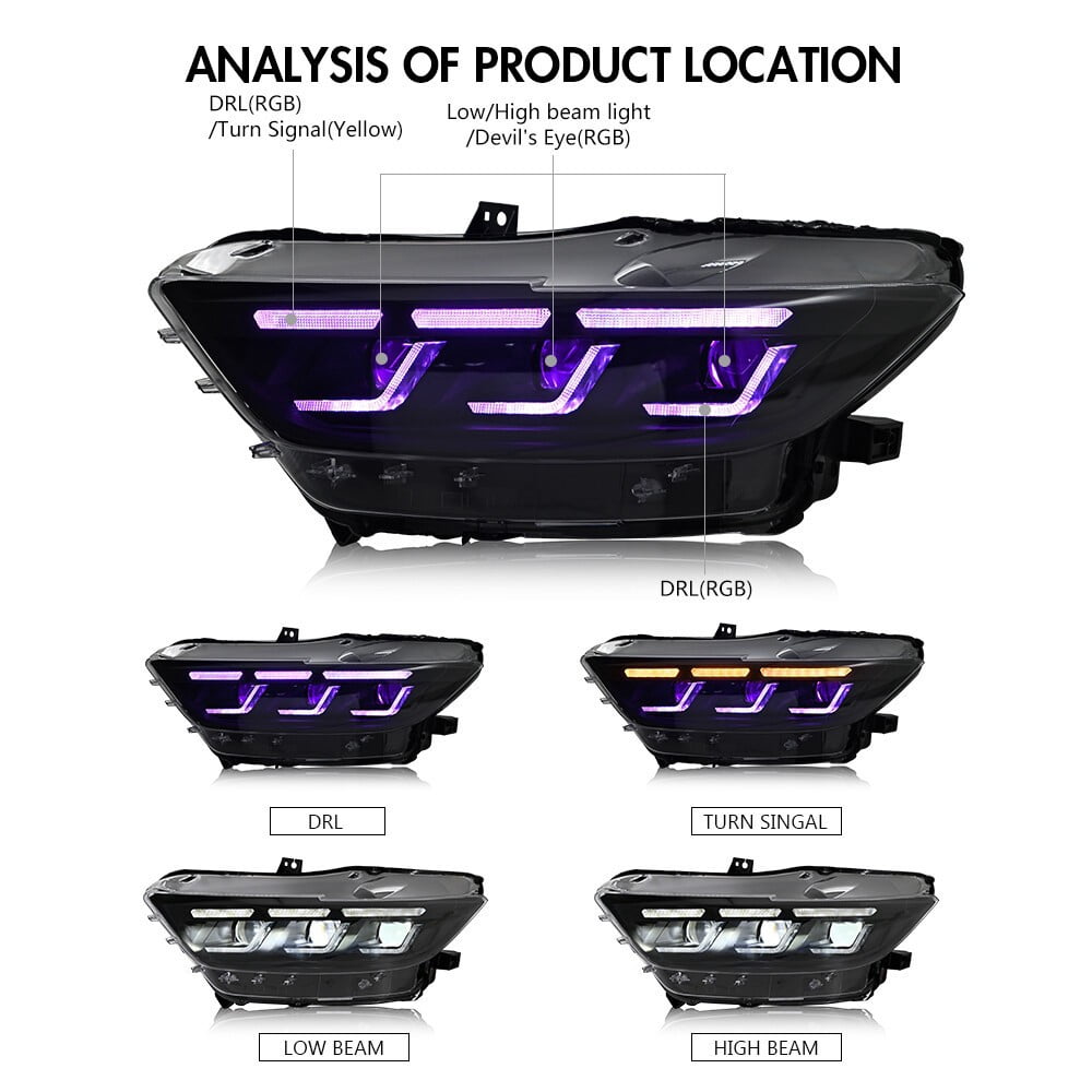 Woudy Pair RGB LED Headlights for Ford Mustang 2015 2016 2017 Head Front Lamp