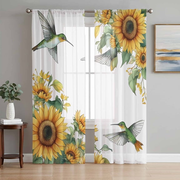 Sheer Curtains 108 Inches Long 2 Panels Set for Living Room, Sunflower Semi Sheer Curtains for Windows, Summer Flowers Hummingbird Retro Voile Window Treatments Rod Pocket Curtain