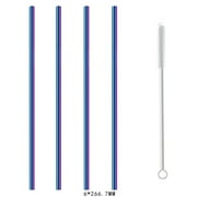 SQUARE CARMEN 4 Straight Reusable Drinking Straws Metal Stainless Steel Eco-Friendly 10.5in, With 1 Cleaning Brush, Multicolor