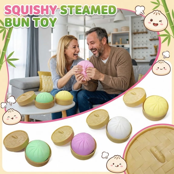 Mystery Dumpling Squishy Large with Steamer, Squishy Dumpling Doll with Cute Expressions, Silicone Bun Sensory Fidget Dolls, Hand Pinching Decompression Dolls