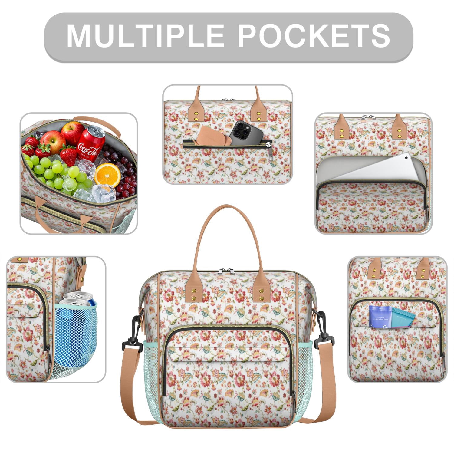 Pioneer Flower Floral Print Pattern Womens Lunch Box for Work,Insulated Large Lunch Bag for Tween and Teen,Loncheras Para Mujer,Leakproof Adult Lunch Bag for Work,Beach,Travel,Picnic,Camping