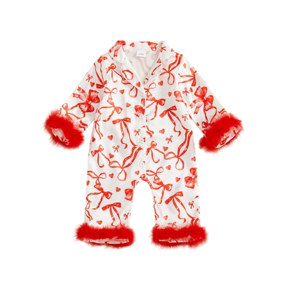 BemeyourBBs Newborn Baby Girl Silk Satin Pajamas Christmas Valentines Outfit Bow Print Romper Pjs Long Sleeve Feather Trim Button Down One-Piece Sleepwear Jumpsuit