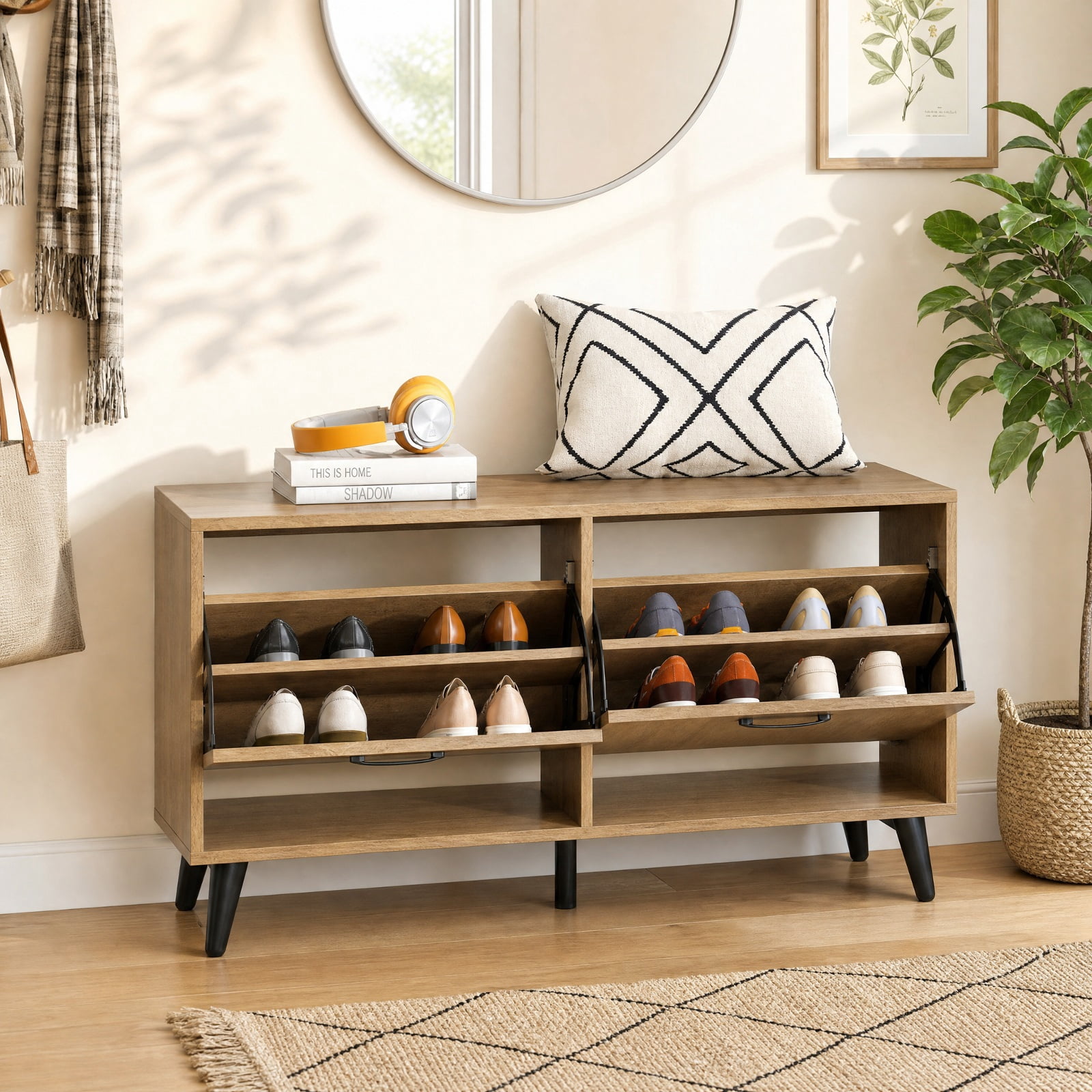 Furnibear Modern Freestanding Shoe Cabinet with 2 Flip Drawers and Adjustable Shelves for Entryway Hallway Shoe Storage Organizer, Natural