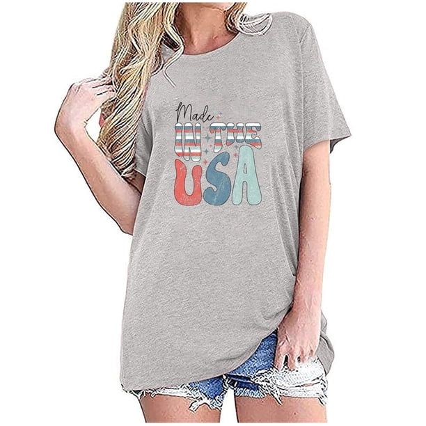 Tops Cortos para Mujeres Bandera de Moda Impresa Cuello Redondo, Camiseta de Manga 3/4 para Uso Diario, Casero Y Cómodo