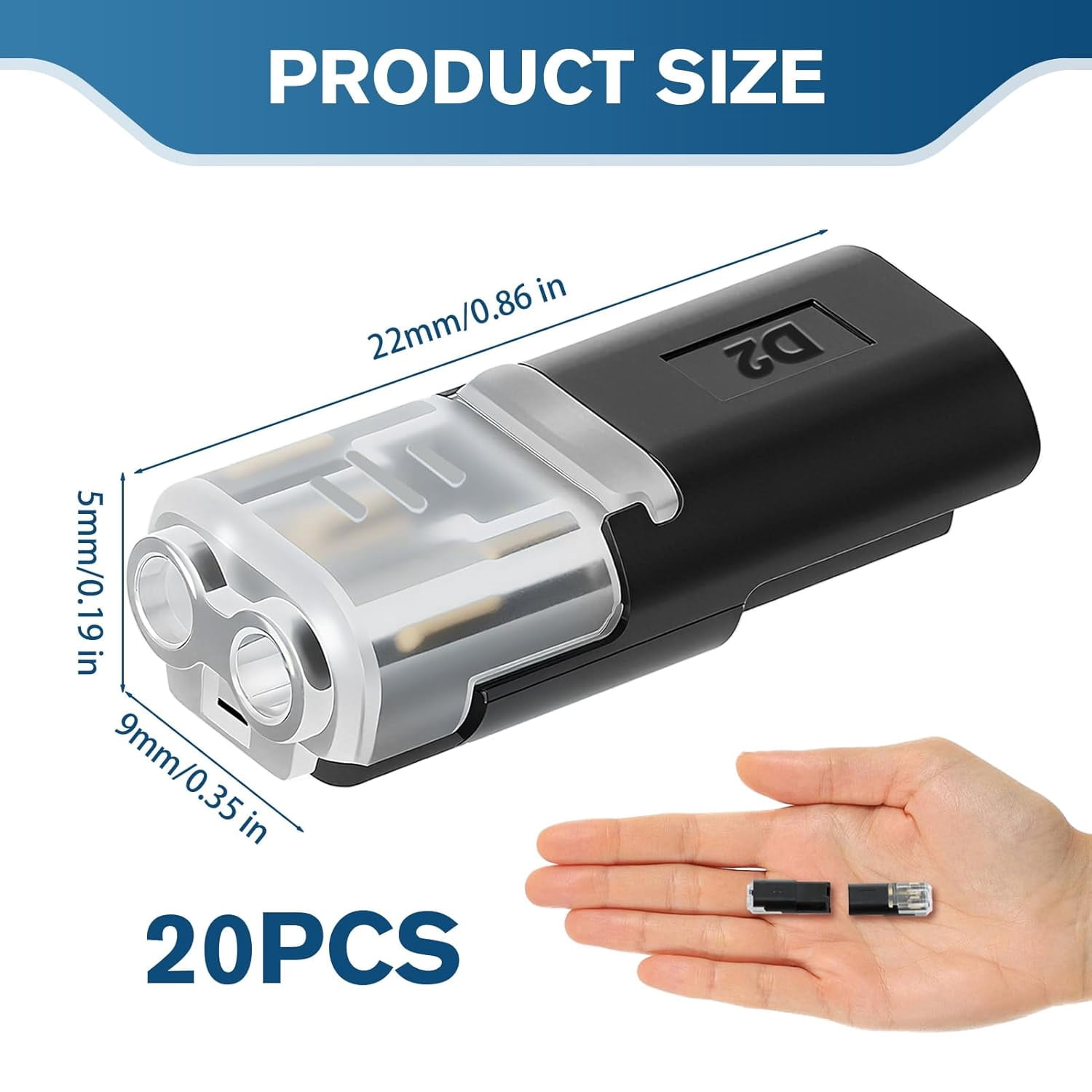 Dual wire plug-in connector, quick connect push-in rod type cable connector suitable for light strips, 2-pin low voltage locking clip, suitable for 22-18 solid and stranded wires, no soldering (20 pc